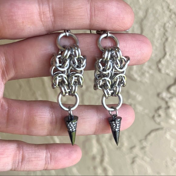 Handmade maille cz black spike dangly stainless steel earrings boho goth silver - Picture 12 of 13